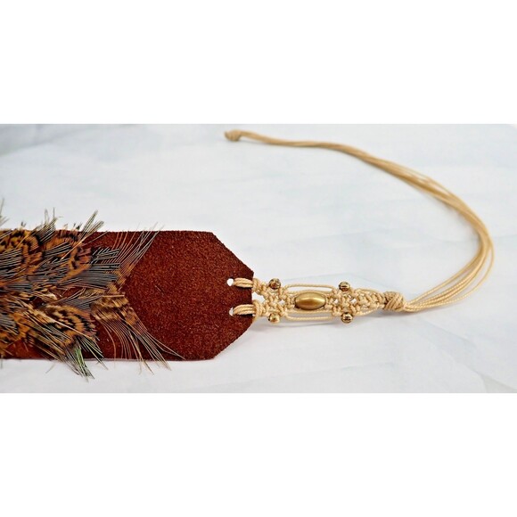 Western Feather Cowboy Hatband on Leather with Beaded Macrame Ties Adjustable - Picture 6 of 10